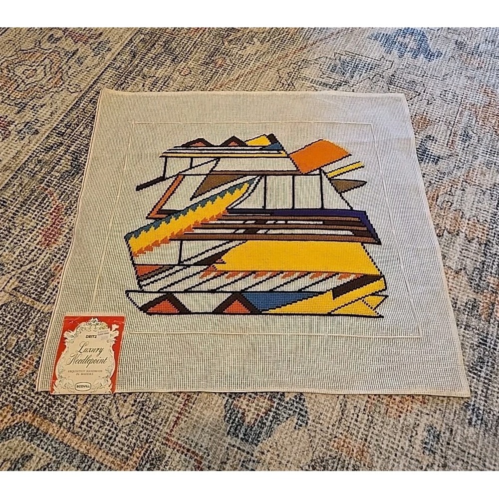 Vintage Dritz Aztec Needlepoint Canvas Pre Worked Tapestry 23x23 Design 3235/1
